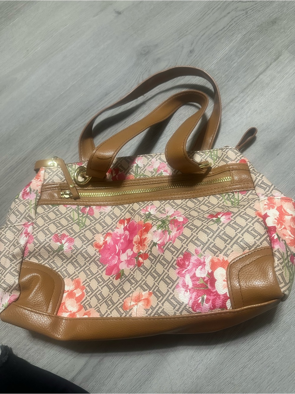 Women's Floral Tote Bag with Tan Trim